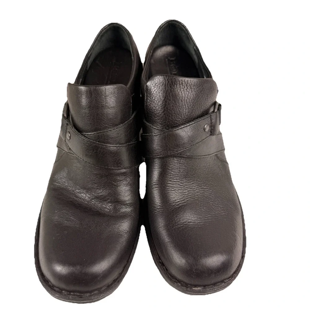 Born Dollie Women 9.5 Platform Ankle Bootie Black Leather Block Heel Clogs Shoes